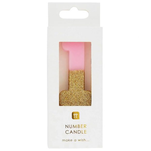 Pink Number 1 Glitter Candle - Image 2