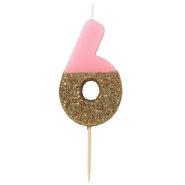 Pink Number 6 Glitter Candle